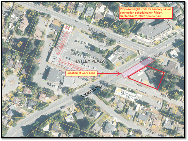 Aerial map indicating the work zone location for sanitary sewer connection near Hatley Plaza on Sooke Road.