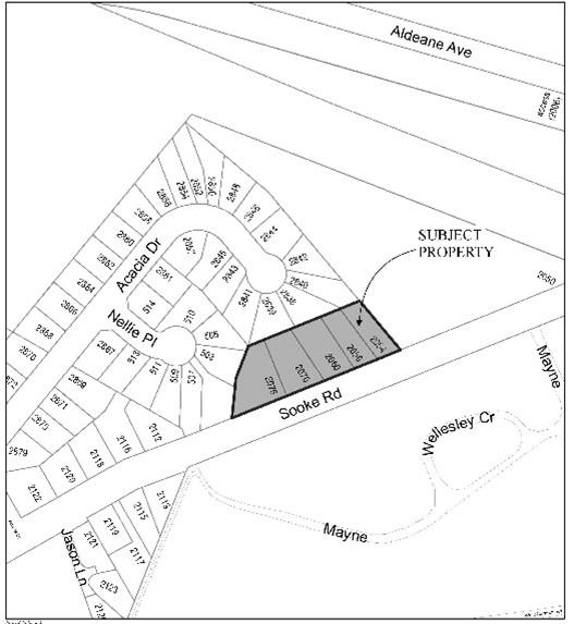 Map highlighting subject property along Sooke Road near Acacia Drive and Nellie Place.