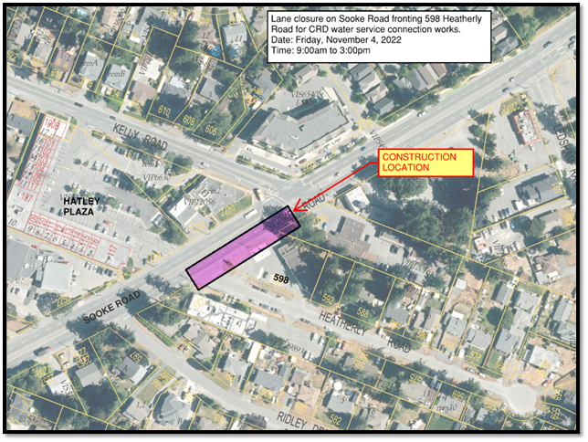 Map showing lane closure on Sooke Road for water service connection works at 598 Heatherly Road.