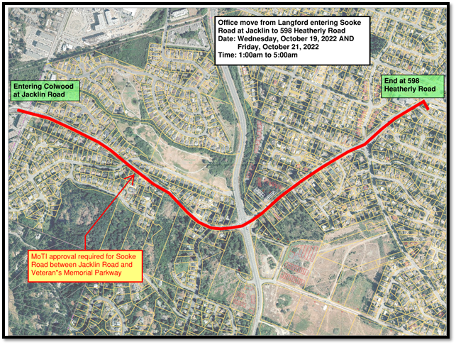 Map showing the route for an office move from Langford entering Sooke Road at Jacklin to 598 Heatherly Road.