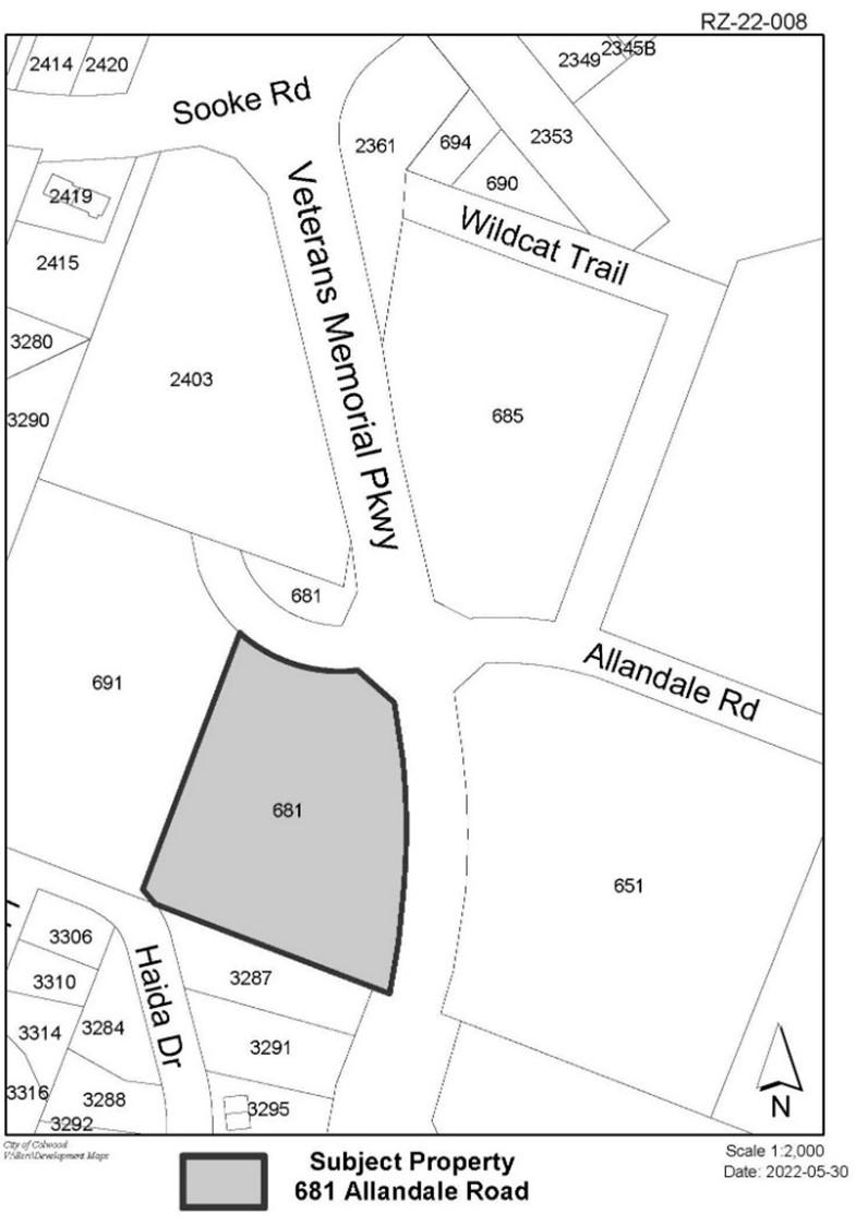 Map highlighting the subject property at 681 Allandale Road, Colwood, with surrounding streets.