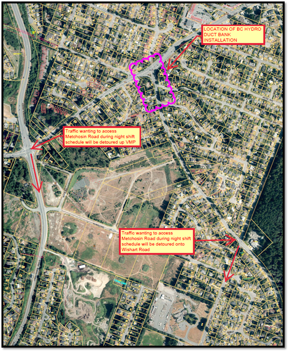 Aerial view of BC Hydro duct bank installation area with detour routes in Colwood.