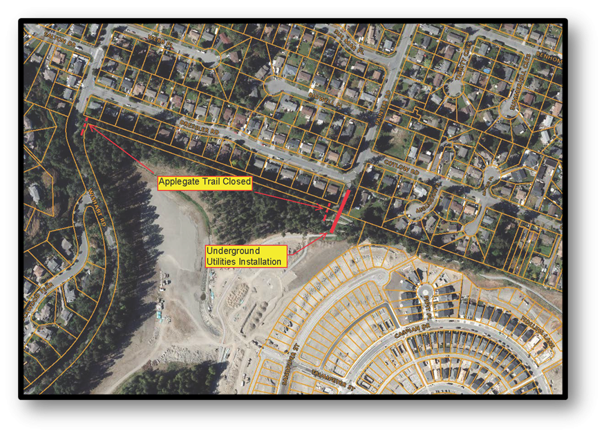 Map indicating the closure of Applegate Trail and underground utilities installation in a residential area.