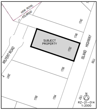 Map showing subject property on Island Highway, bordered by Wilfert Road and View Royal.