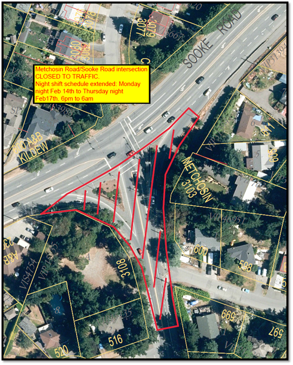 Aerial view showing Metchosin Road and Sooke Road intersection closed to traffic for night shift schedule extension.