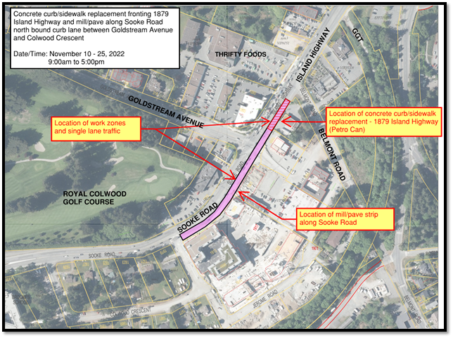 Map indicating work zones and single lane traffic for curb and sidewalk replacement along 1879 Island Highway and Sooke Road.