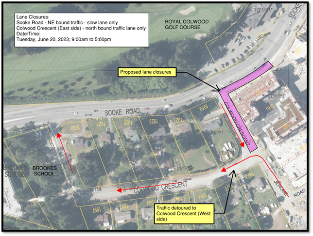 Aerial map detailing lane closures on Sooke Road and Colwood Crescent with traffic detoured to Colwood Crescent west side.