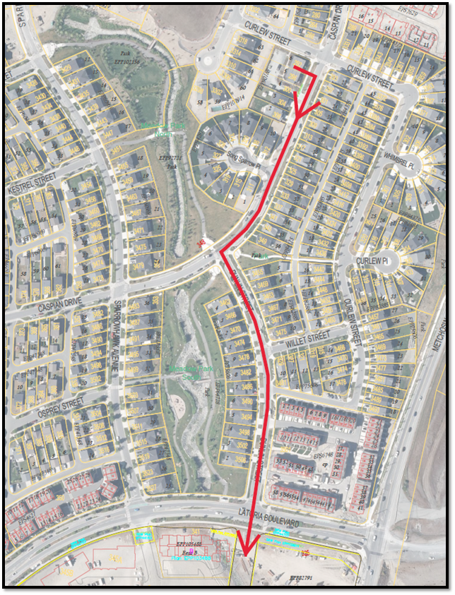 Aerial view showing construction route from Latoria Boulevard to Curlew Street.