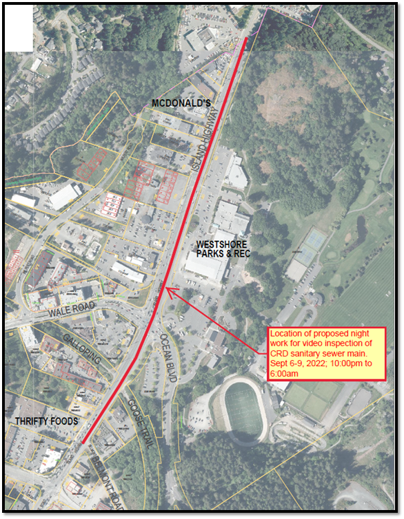 Map showing proposed night work for video inspection of CRD sanitary sewer main along Island Highway.