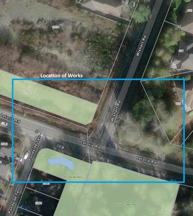 Aerial map indicating the location of works at the intersection of Wishart Road and Latoria Road.