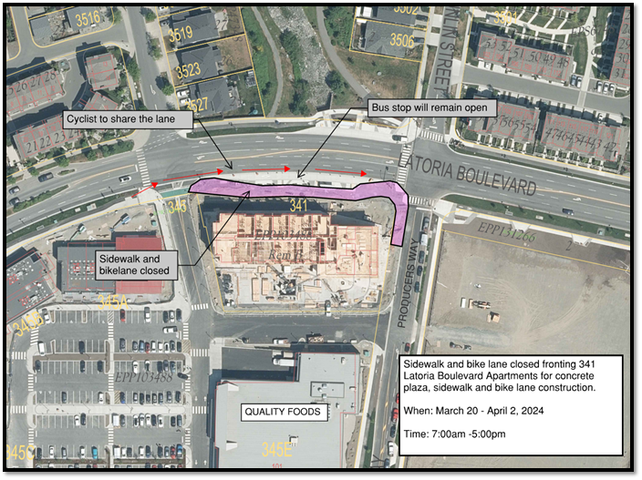 Map showing sidewalk and bike lane closure for construction of concrete plaza at 341 Latoria Boulevard Apartments.