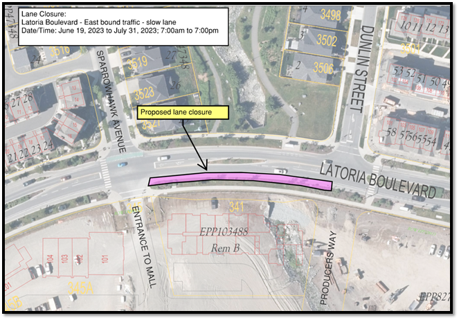 Map showing proposed lane closure on Latoria Boulevard for eastbound traffic from June 19 to July 31, 2023.