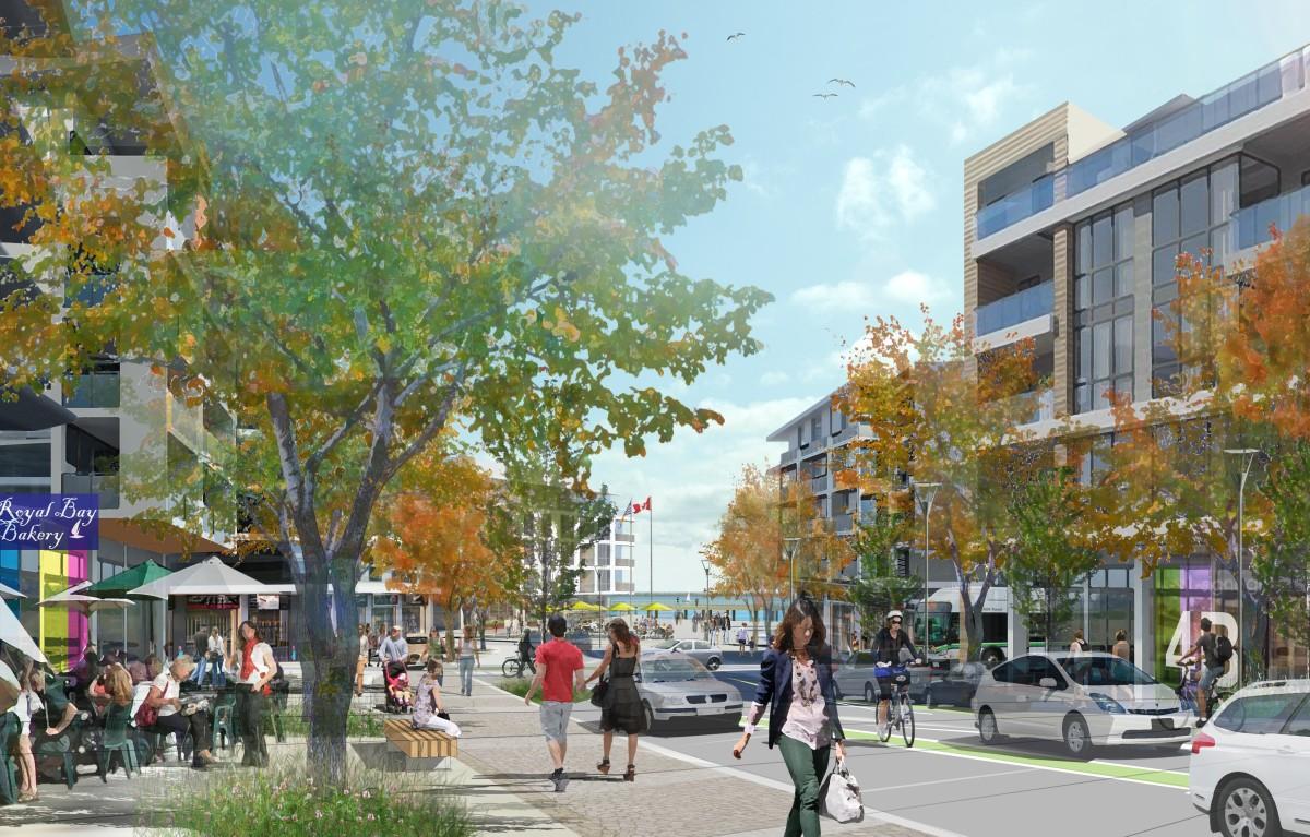 Conceptual image of a lively urban street with shops, people walking, biking, and sitting at outdoor cafes.