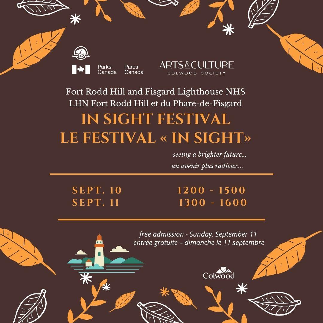 Poster for the In Sight Festival at Fort Rodd Hill and Fisgard Lighthouse NHS, organized by Parks Canada and Colwood Arts & Culture. The design includes autumn leaves and a lighthouse graphic.