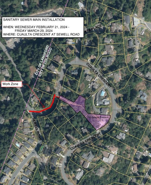 Map highlighting the work zone for sanitary sewer main installation on Cualta Crescent at Sewell Road, scheduled from February 21 to March 29, 2024.