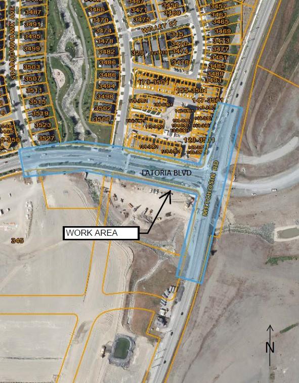 Map showing the work area for road construction on Latoria Boulevard at Metchosin Road, highlighted in blue.