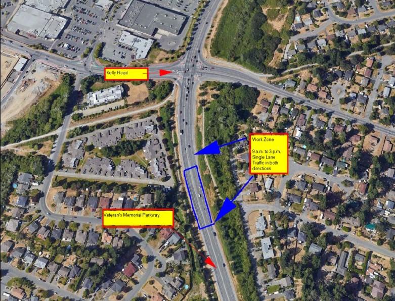 Aerial view of Kelly Road, Veterans Memorial Parkway, and Sooke Road intersection with marked work zone for single-lane traffic from 9 a.m. to 3 p.m.