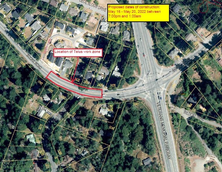 Map showing the location of Telus work zone on Sooke Road with proposed construction dates from May 16 to May 20, 2022, between 7:00 p.m. and 1:00 a.m.