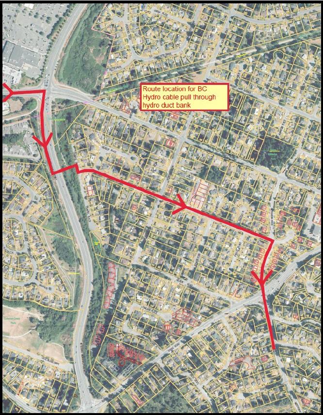 Route location for BC Hydro cable pull through hydro duct bank marked on a map with a red line.