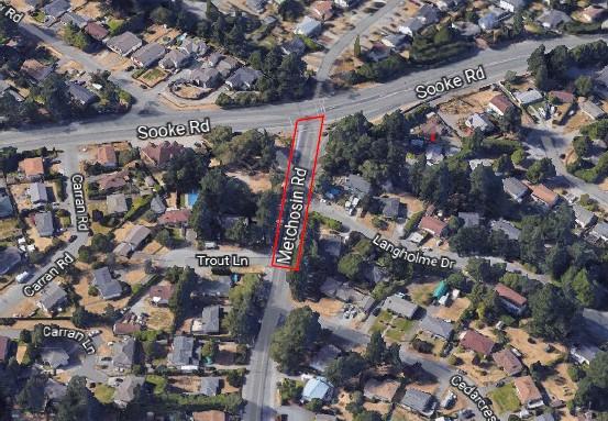 Aerial view of Metchosin Road and Sooke Road intersection with marked construction zone on Metchosin Road.