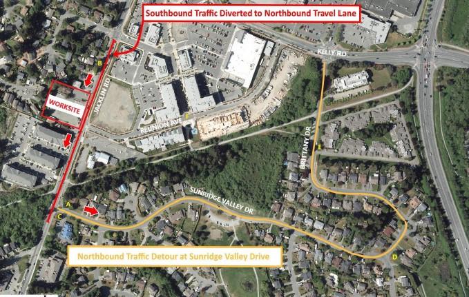 Aerial view of Sunridge Valley Drive showing northbound traffic detour and worksite with southbound traffic diverted to the northbound travel lane.