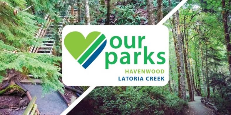 "Our Parks" promotional image featuring Havenwood and Latoria Creek with lush green forest trails.