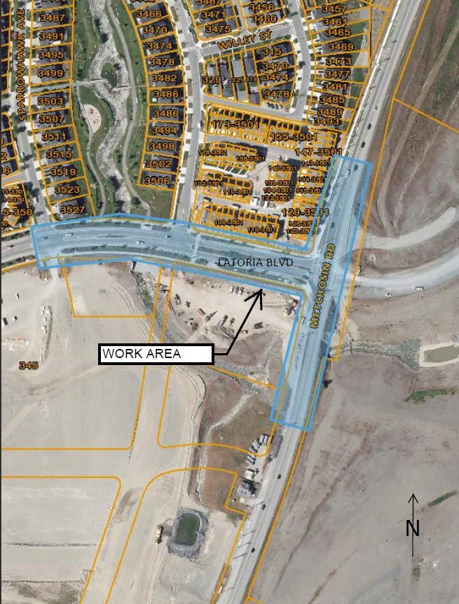 Aerial map indicating the work area on Latoria Boulevard and Metchosin Road.