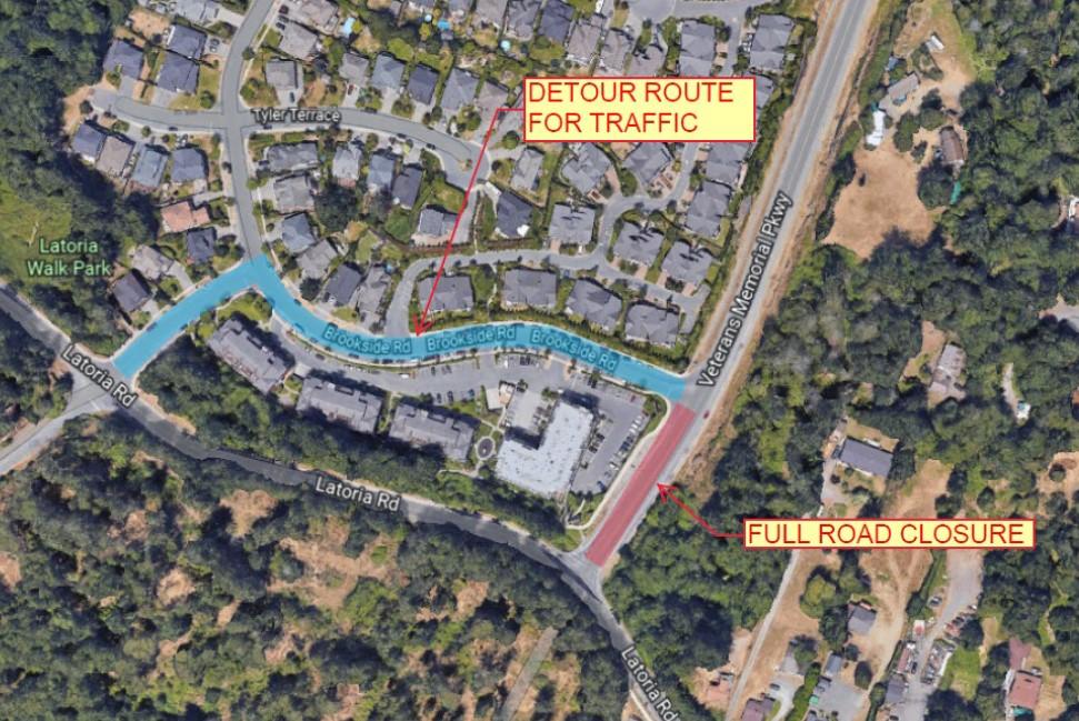 Aerial map showing the full road closure on Brookside Road with a detour route for traffic.