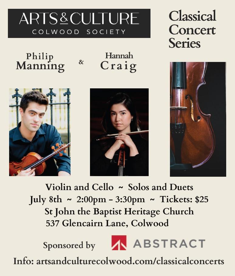 Flyer for Colwood Arts & Culture Society's Classical Concert Series featuring Philip Manning and Hannah Craig on violin and cello.