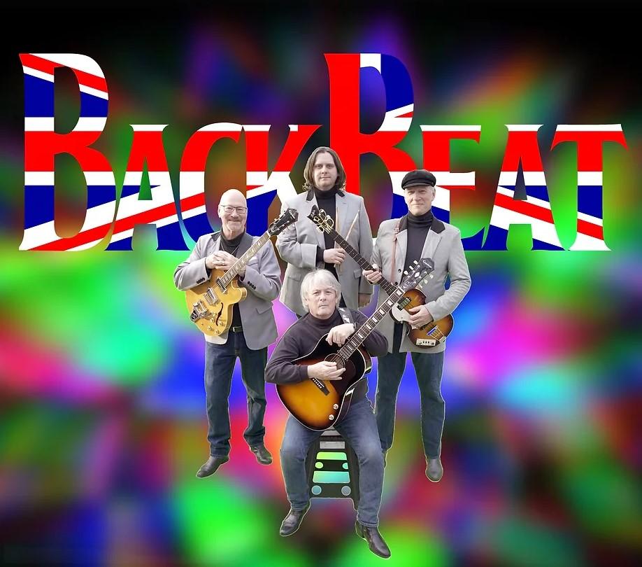 Four men from the band BackBeat posing with guitars against a colorful, abstract background. The band's name is prominently displayed in large, Union Jack-themed letters.