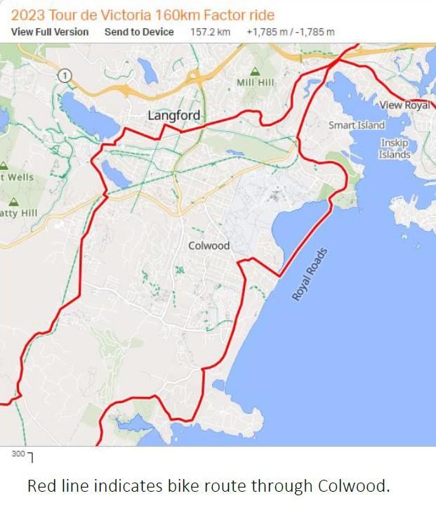 Map showing the 2023 Tour de Victoria 160km Factor ride route, marked by a red line passing through Langford and Colwood, and along the coast near Royal Roads.