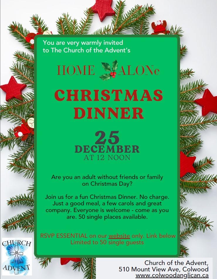 Flyer for The Church of the Advent’s "Home Alone" Christmas Dinner on December 25 at 12 noon, inviting adults without family or friends.