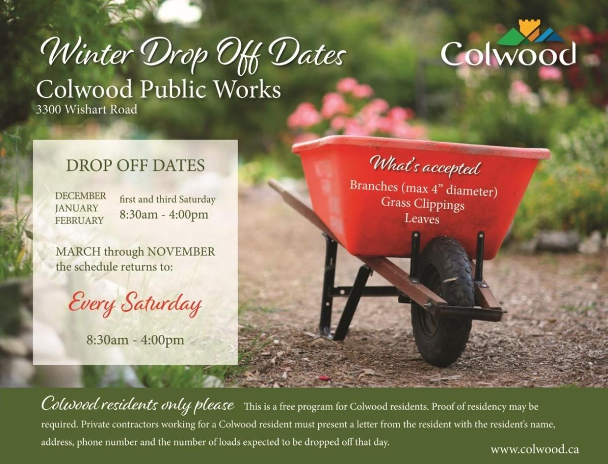 Flyer for Colwood Public Works winter drop-off dates at 3300 Wishart Road. Accepting branches, grass clippings, and leaves.