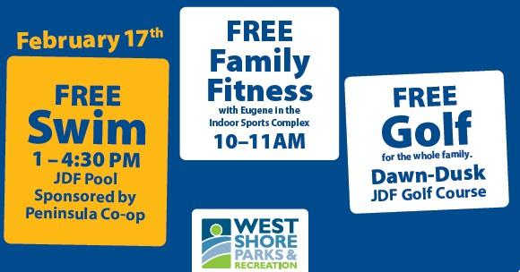 Flyer for West Shore Parks & Recreation's free events on February 17th, including swimming, family fitness, and free golf.