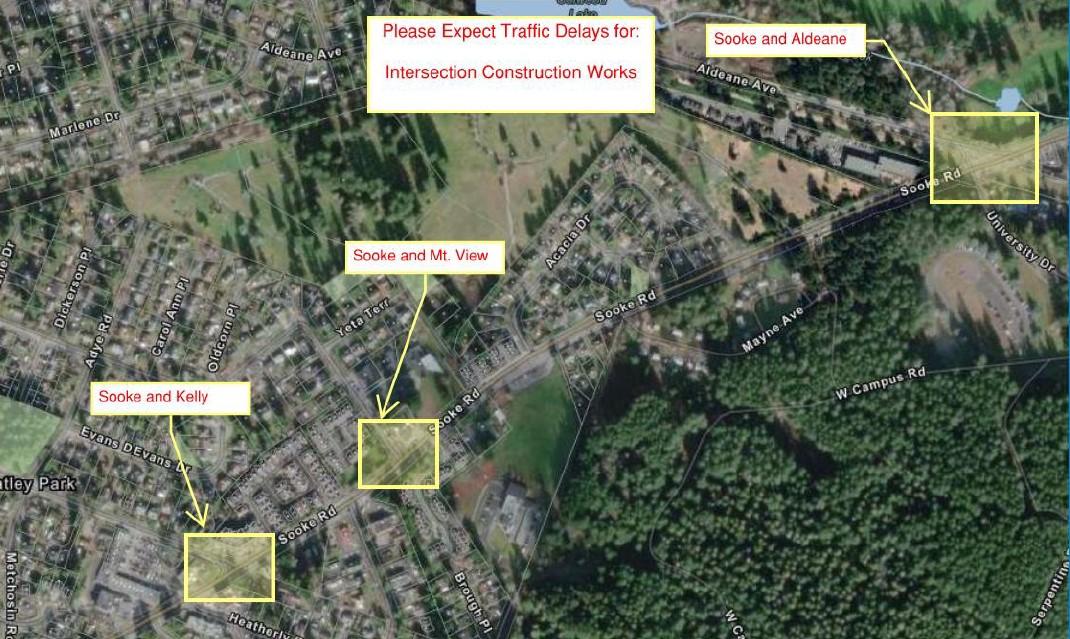 Aerial map indicating traffic delays for intersection construction at Sooke and Kelly, Sooke and Mt. View, and Sooke and Aldeane. Marked with yellow boxes.