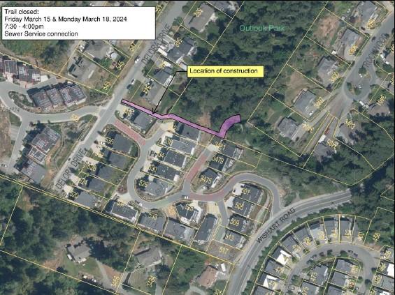 Aerial map showing the location of sewer service construction on Stone Gate, with the trail closed on March 15 and March 18, 2024, from 7:30 a.m. to 4:00 p.m. The construction area is marked in purple.