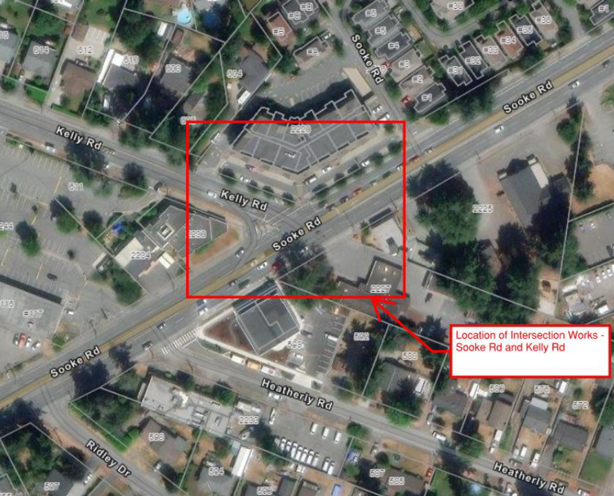 Aerial map highlighting the intersection of Sooke Road and Kelly Road, marked by a red box. The location is noted for intersection works. Surrounding streets include Heatherly Road and Ridley Drive.