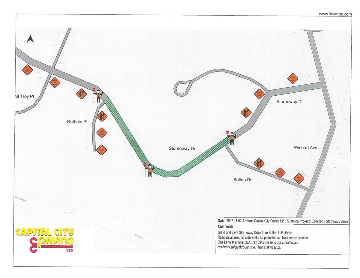 Map of roadwork on Stornoway Drive from Salton Drive to Rothnie Place. The highlighted section indicates the work area with orange construction signs and figures for guidance.