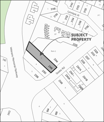 Map highlighting the subject property along Sooke Road and Veterans Memorial Parkway. The shaded area is bordered by nearby residential lots and Lynnark Place.