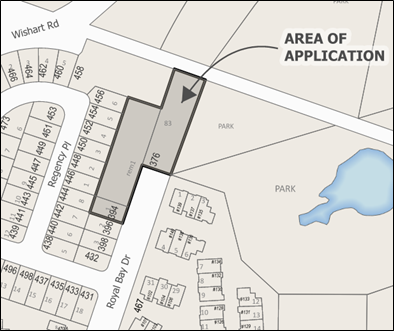 Map showing the area of application for a subdivision. The highlighted area is along Wishart Road and Royal Bay Drive, encompassing several residential lots and bordering a park with a pond.