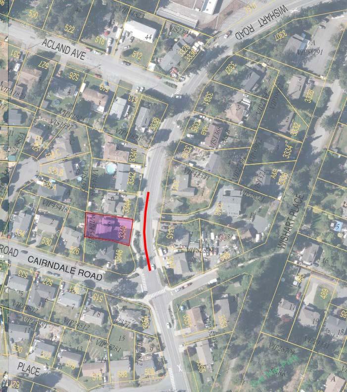 Map highlighting a section of Cairndale Road between Wishart Road and Acland Avenue. The highlighted area includes residential lots and shows the location of roadwork with red lines.