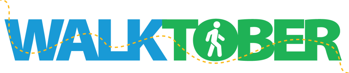 Logo for Walktober with blue and green text, featuring a walking person icon and a dotted line resembling a walking path.