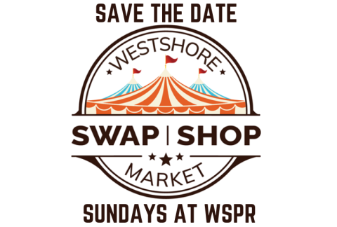 Logo for Westshore Swap Shop Market with a circus tent design and the text "Save the Date Sundays at WSPR."