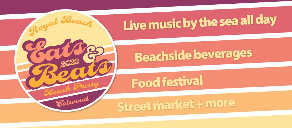 "Eats & Beats Beach Party" poster with event details including live music, food festival, and street market.