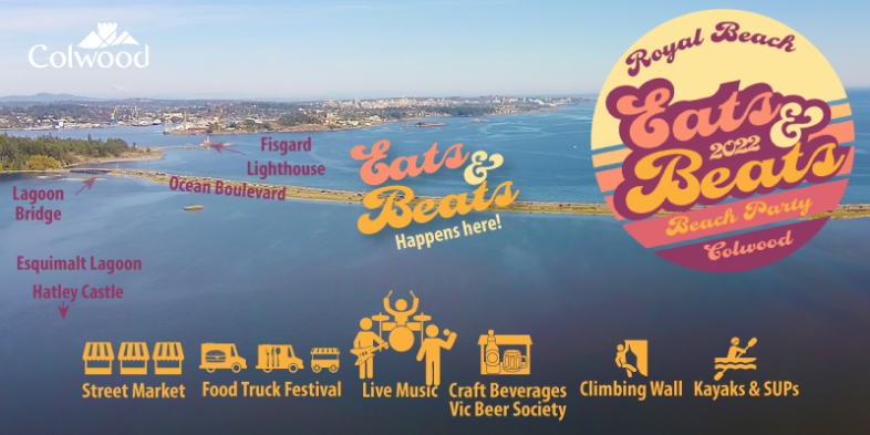 Aerial view of the Colwood coastline with landmarks and event locations labeled for the Eats & Beats Beach Party, including street market, food trucks, and live music icons.