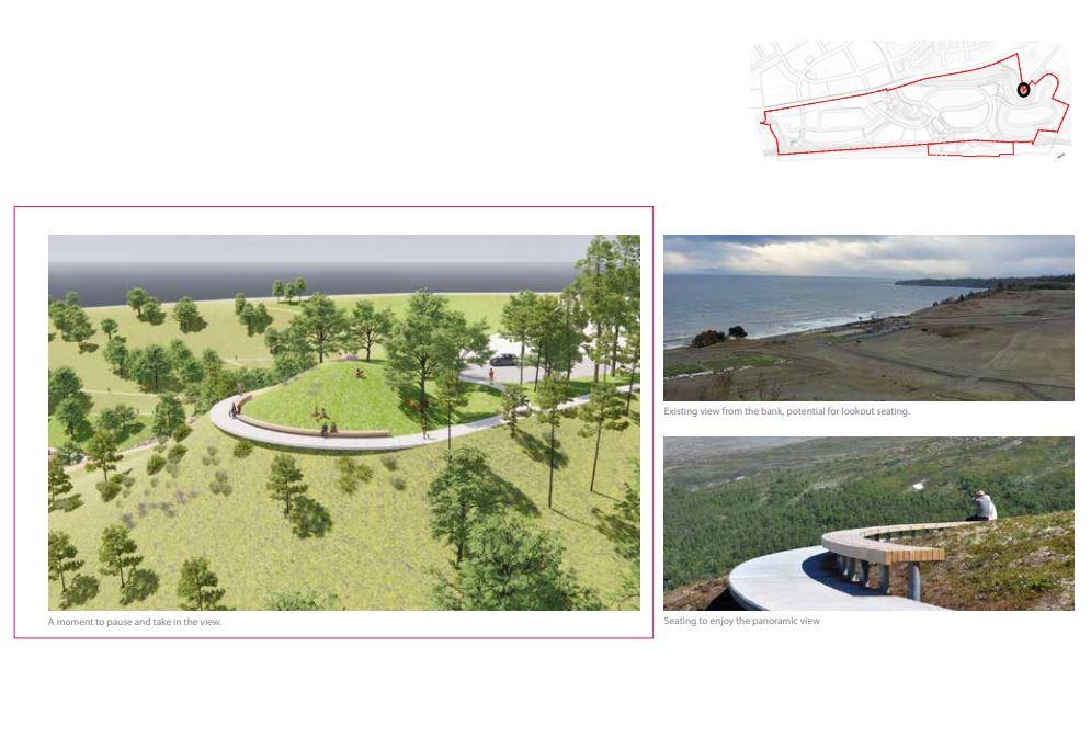 Rendered image of a scenic overlook with seating, showing panoramic views and existing bank views.