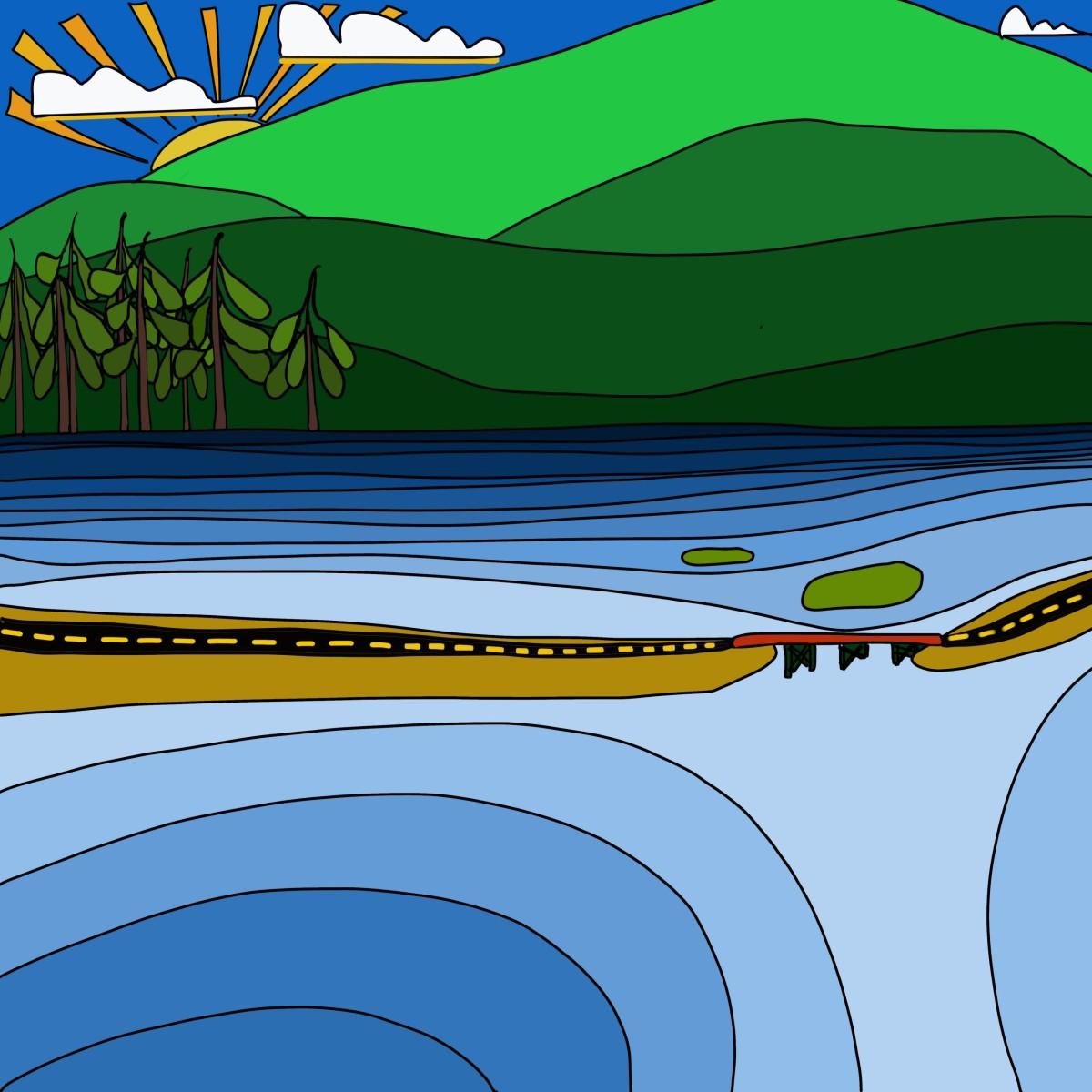 Vibrant illustration of a road and bridge over a body of water with mountains and trees in the background.