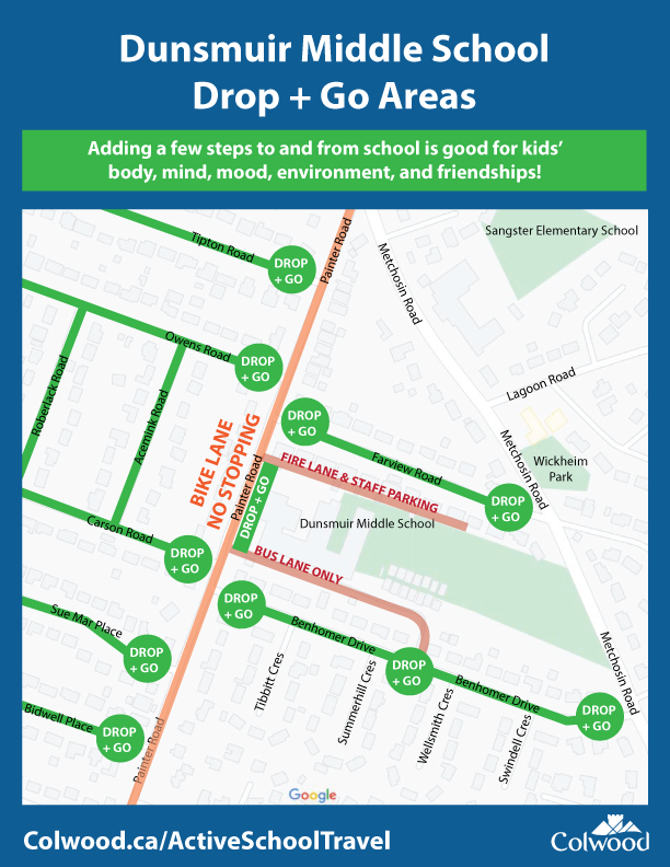 Dunsmuir Middle School Drop + Go areas map showing designated drop-off zones and traffic flow.