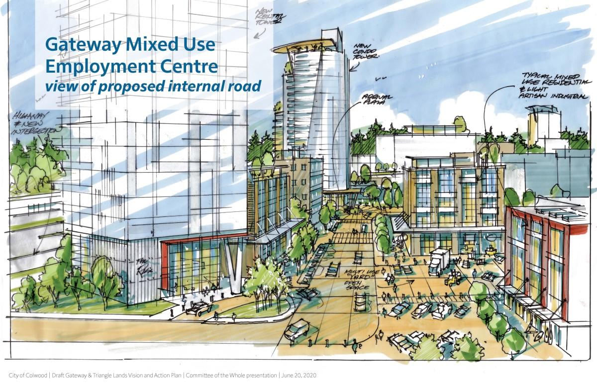 A sketch of Gateway Mixed Use Employment Centre with buildings, green spaces, and people.