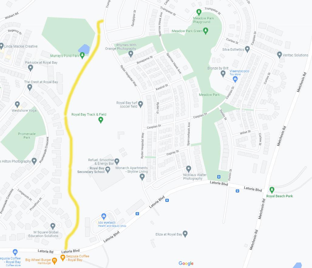 A map highlighting the route for active school travel around Royal Bay Secondary School and nearby parks.